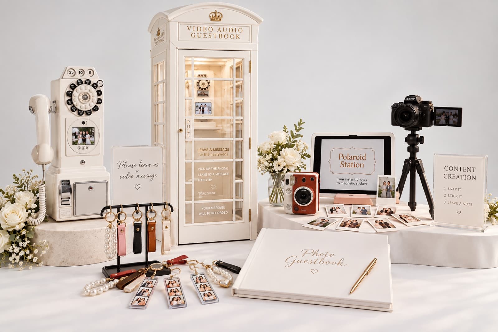 Every Cherish experience set up together: phone booth guest book, rotary phone, photo keychains, Polaroid station, photo guest book, and content camera