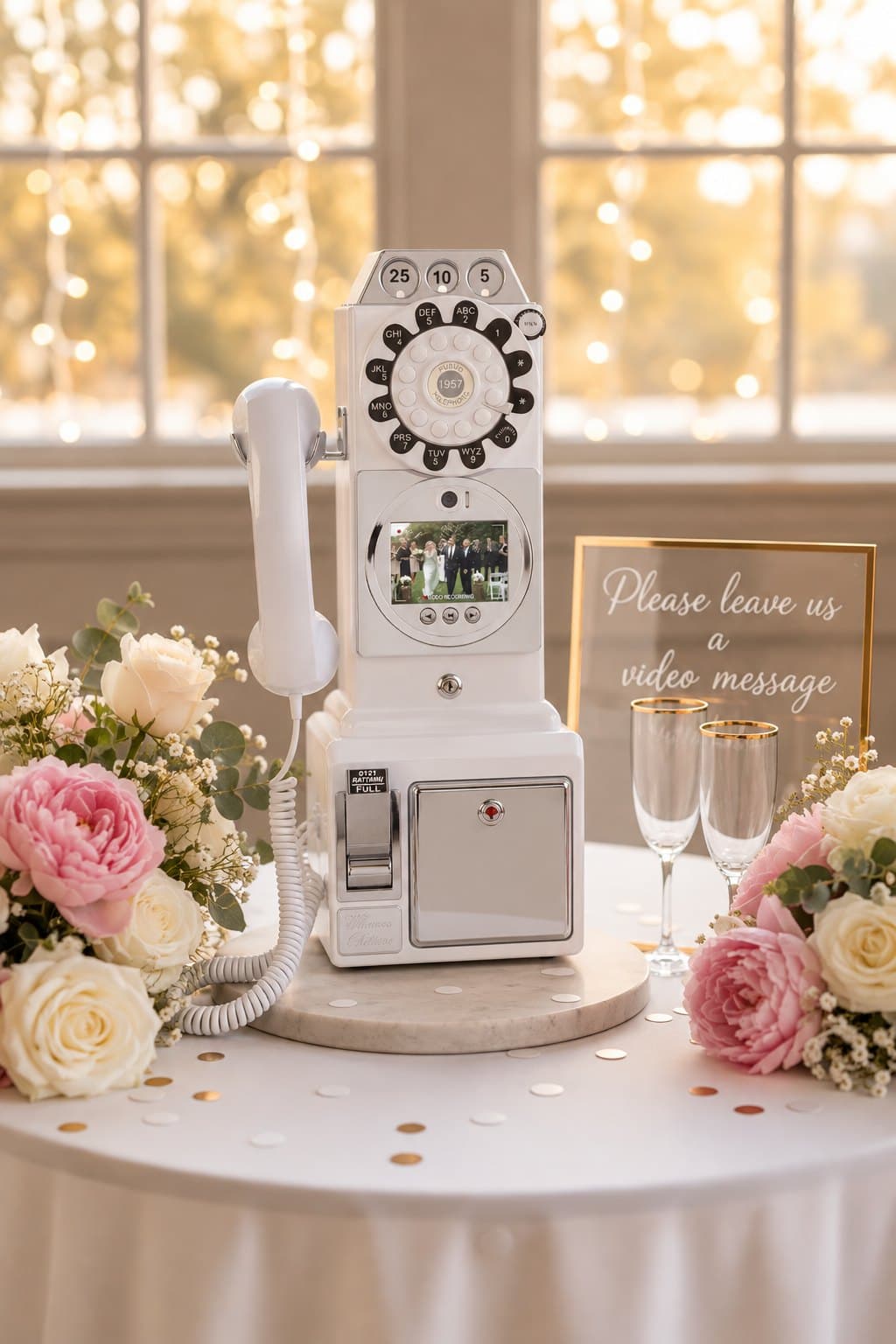 Vintage telephone video guest book styled with roses